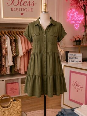 Free People Olive Green Tiered Button-Front Mini Dress